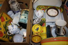 TWO TRAYS OF ASSORTED CERAMICS ETC. TO INCLUDE A ROYAL CROWN DERBY POSIES BOWL, RAYWARE ETC.
