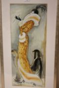 A MODERN FRAMED AND GLAZED KAREN DUPRE PRINT OF AN ART DECO STYLE LADY WITH TWO DOGS - SIZE