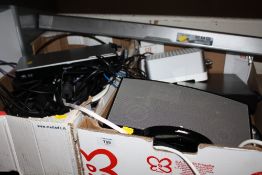 TWO TRAYS OF ELECTRICALS, SPARES AND REPAIRS ETC PLUS A WIRELESS SAMSUNG SUB WOOFER AND A SONOS