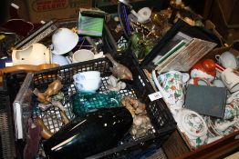 FIVE BOXES OF ASSORTED CERAMICS AND SUNDRIES TO INCLUDE ORIENTAL CHINA, MINTON, JAQUES POCKET