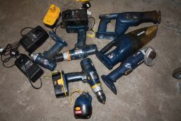 A BAG OF POWER TOOLS ETC TO INCLUDE RYOBI PLUS A BENCH GRINDER