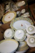 THREE TRAYS OF MOSTLY WEDGWOOD HOME TERRACE PATTERN TEA AND DINNERWARE