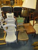 A VINTAGE MAHOGANY COMMODE STOOL, A STANDARD LAMP AND SHADE AND TWO PAIRS OF CHAIRS (6)