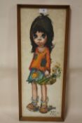A FRAMED AND GLAZED 1970 RETRO OIL ON PAPER FULL LENGTH PORTRAIT OF A YOUNG GIRL SIGNED FLORIAN -