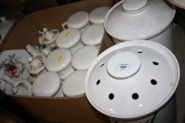 A COLLECTION OF FRUIT PATTERN CHINA AND KITCHEN WARE TO INCLUDE JOHNSON BROS, STORAGE JARS, BREAD