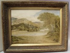 (XIX). British school, wooded river landscape with buildings, mountains in the background, unsigned,