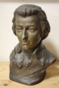 A FRENCH 'FABRICATION FRANCAISE' CAST METAL BUST OF MOZART, H 29 CM