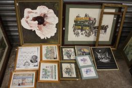 A COLLECTION OF PICTURES AND PRINTS TO INCLUDE A FRAMED OIL ON BOARD SIGNED DAVINA K, PASTEL STILL