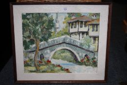 A FRAMED OIL ON BOARD DEPICTING A VILLAGE RIVER SCENE BY DIMITIR PATCHOV INFORMATION VERSO -