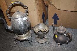 A LARGE SILVER PLATED SPIRIT KETTLE ON STAND TOGETHER WITH A SILVER PLATED TEA POT ETC. (3)