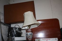 A MIXED LOT TO INCLUDE 2 SUITCASES 2 LAMPS AND A TRAY OF CERAMICS ETC