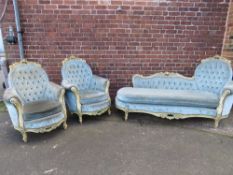 A LOUIS XV STYLE CARVED CHAISE LONGUE AND TWO CHAIRS (3)