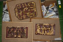 THREE ORIENTAL CARVED HARD WOOD FIGURATIVE WALL HANGINGS