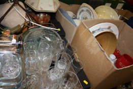 FIVE BOXES OF ASSORTED CERAMICS AND GLASSWARE ETC. TO INCLUDE A MODERN COPPER EFFECT CHAMPAGNE
