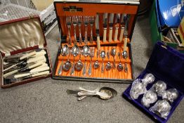 TWO CASED CUTLERY SETS, TOGETHER WITH SOME LOOSE FLATWARE AND A CASED SET OF SIX SMALL GOBLETS