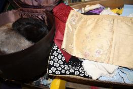 A BOX OF VINTAGE LINENTO INCLUDE HAND STITCHED EXAMPLES, TOGETHER WITH A HAT BOX AND CONTENTS