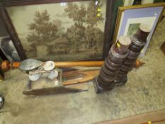 A VINTAGE CURTAIN POLE, PAIR OF TABLE LEGS, SCALES, MIRROR AND A WALL BOX (6)