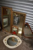A COLLECTION OF WALL MIRRORS TO INCLUDE A CERAMIC FRAMED EXAMPLE, TEAK FRAMED EXAMPLE ETC (5)