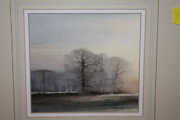 A SMALL FRAMED AND GLAZED WATERCOLOUR ENTITLED 'EVENING AT MARTON' BY GORDON DALE - SIZE - 15CM X