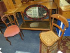 AN OVAL WALL MIRROR AND GLASS TOPPED COFFEE TABLE AND TWO ANTIQUE CHAIRS (4)