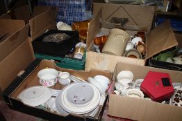 SIX BOXES OF ASSORTED CERAMICS AND GLASSWARE ETC. TO INCLUDE ROYAL DOULTON FROST PINE DINNERWARE,