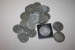 A COLLECTION OF SILVER AND WHITE METAL COINAGE TO INCLUDE A SILVER GEORGE III CROWN, 1928 SILVER
