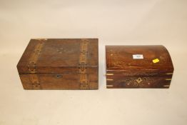 A DOME TOPPED WOODEN JEWELLERY BOX WITH BRASS INLAY, TOGETHER WITH AN INLAID MAHOGANY WORKBOX