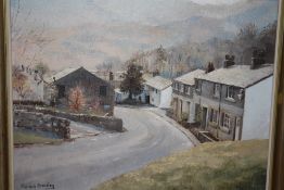 A GILT FRAMED OIL ON CANVAS OF A COUNTRY VILLAGE SCENE SIGNED MARION BRADLEY LOWER LEFT - SIZE