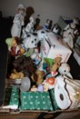 TWO TRAYS OF CERAMIC AND OTHER FIGURES, MONEY BANKS ETC.