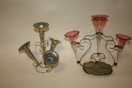 TWO SILVER PLATED EPERGNES TO INCLUDE A PINK GLASS EXAMPLE