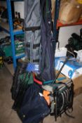 A QUANTITY OF FISHING GEAR TO INCLUDE NETS, BAGS, CAMPING CHAIR ETC