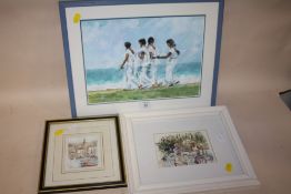 A FRAMED AND GLAZED MODERN GOUACHE DEPICTING LADIES ON A BEACH TOGETHER WITH A WATERCOLOUR OF A