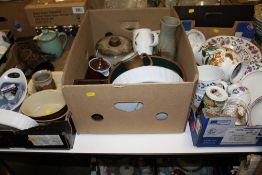 THREE TRAYS OF ASSORTED CERAMICS AND STONEWARE TO INCLUDE DENBY, ADAMS, WEDGWOOD ETC.