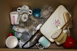 A BOX OF CERAMICS AND GLASSWARE TO INCLUDE A THREE PIECE DRESSING TABLE SET, AYNSLEY, CUT GLASS ETC.