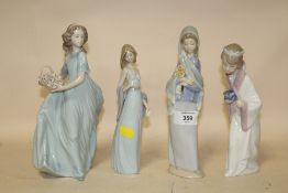 FOUR LLADRO LADY FIGURES TO INCLUDE LADIES HOLDING FLOWERS