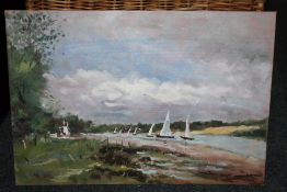 AN UNFRAMED OIL ON BOARD DEPICTING A RIVER LANDSCAPE WITH BOATS - SIZE - 55CM X 38CM