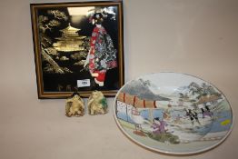 AN ORIENTAL CERAMIC BOWL TOGETHER WITH A ORIENTAL PICTURE OF A GEISHA AND 2 SMALL FIGURES