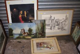 A COLLECTION OF PICTURES TO INCLUDE A WATERCOLOUR STILL LIFE, TABLE TOP SCENE OF FRUIT AND A JUG,