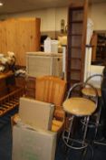 A LARGE QUANTITY OF OCCASIONAL FURNITURE TO INCLUDE A PAIR OF BAR STOOLS, PINE CRIB, BASKETS ETC