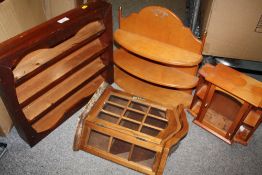 A COLLECTION WOODEN WALL HANGING SHELVES AND DISPLAY CASES