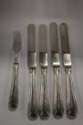 FOUR SILVER HANDLED KNIVES AND A SILVER HANDLED FORK