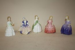 FIVE SMALL ROYAL DOULTON FIGURES CONSISTING OF ROSE HN1368, MARIE HN 1370, DINKY DO HN 1678, JULIE