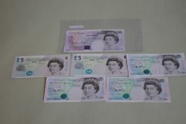 A BANK OF ENGLAND £20 GILL PREFIX AA 42, £5 Gill x 3 prefixes B88, C70 and D31 and Lowther
