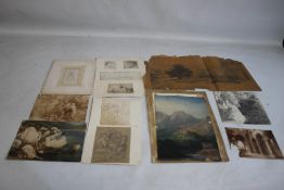 A FOLDER OF ORIGINAL ART WORK to include a small pencil sketch of a figure on paper watermarked 1879