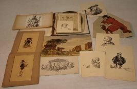 A SMALL FOLDER OF WATERCOLOURS, PENCIL DRAWINGS AND ENGRAVINGS to include two pen & ink drawings