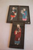 THREE ORIENTAL COLLAGES OF FIGURES, framed and glazed 36 cm x 17.5 cm