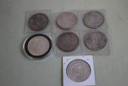 US SILVER DOLLARS 1882, `1883, 1886, 1887, 1888, 1899, AND 1900