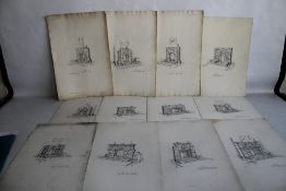 THIRTEEN PENCIL DRAWINGS OF FIREPLACE DESIGNS, all with Staffordshire names such as The