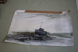 JOHN S. MOODY - A WATERCOLOUR OF A BEACHED FISHING BOAT, signed lower right, painted to back a