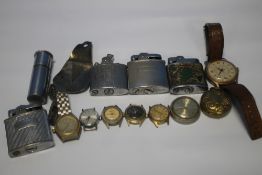 A SMALL COLLECTION OF CIGARETTE LIGHTERS, a brass sovereign case, a hallmarked silver mini
